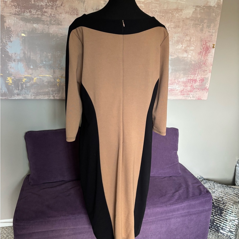 Beige and Black Sheath Dress with Decorative Buckle - Picture 7 of 12